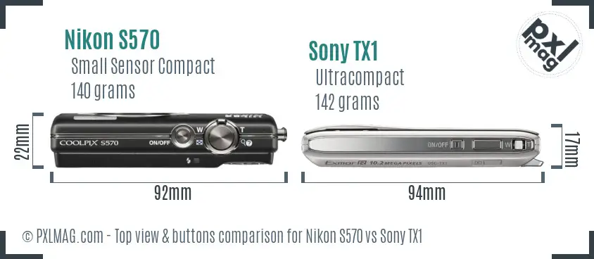 Nikon S570 vs Sony TX1 top view buttons comparison