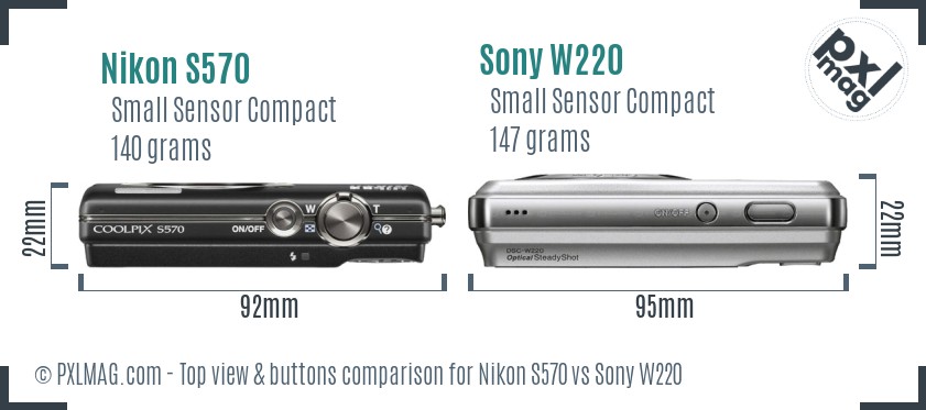 Nikon S570 vs Sony W220 top view buttons comparison
