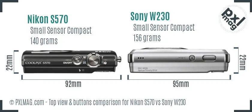 Nikon S570 vs Sony W230 top view buttons comparison