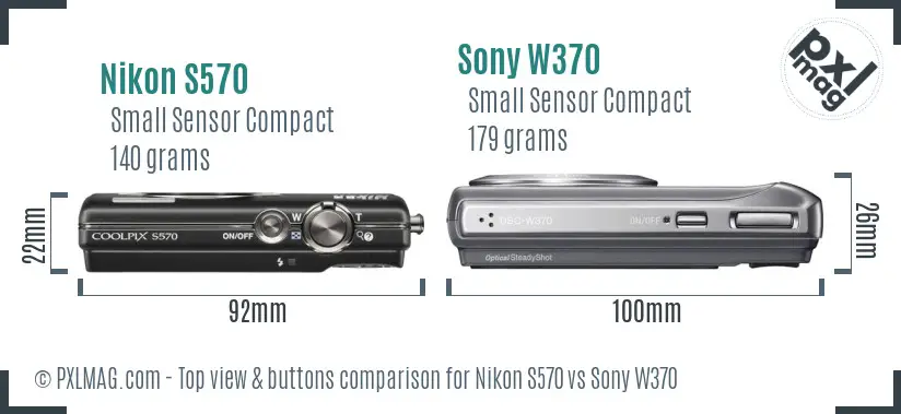 Nikon S570 vs Sony W370 top view buttons comparison