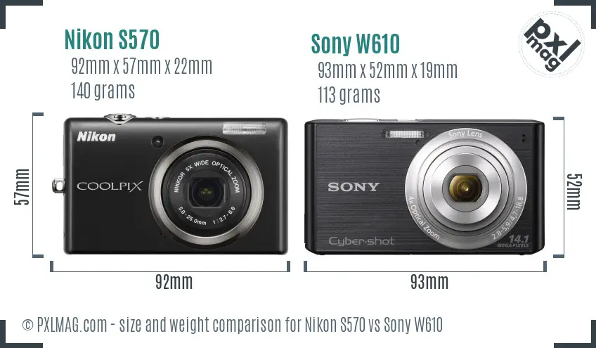 Nikon S570 vs Sony W610 size comparison