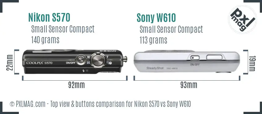 Nikon S570 vs Sony W610 top view buttons comparison