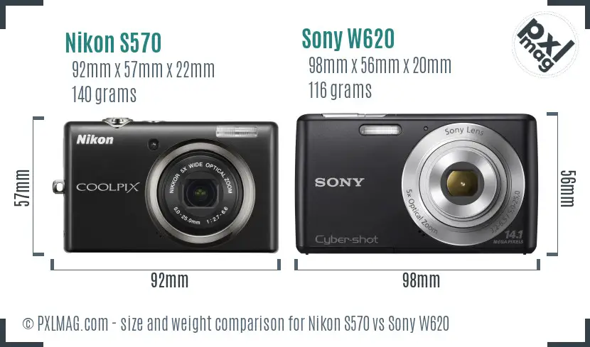 Nikon S570 vs Sony W620 size comparison