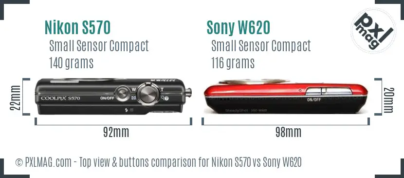 Nikon S570 vs Sony W620 top view buttons comparison