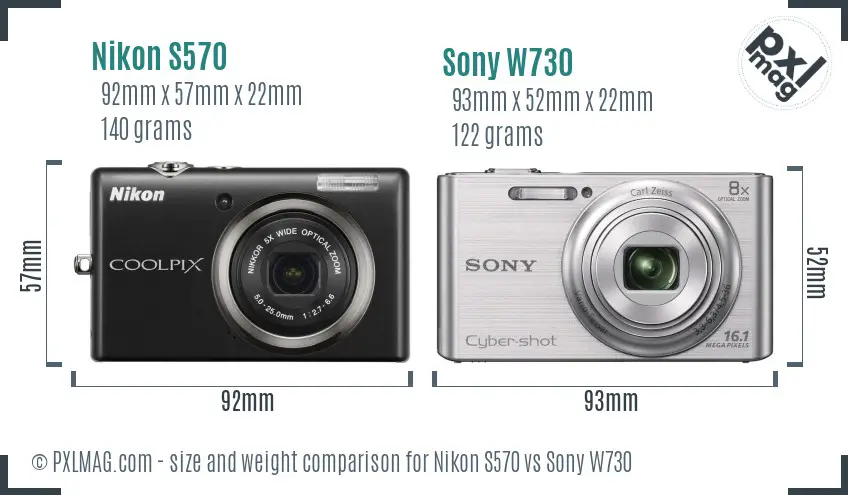 Nikon S570 vs Sony W730 size comparison