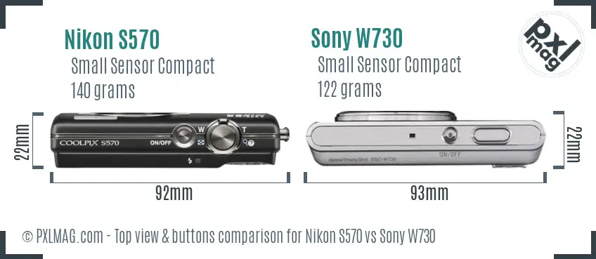 Nikon S570 vs Sony W730 top view buttons comparison