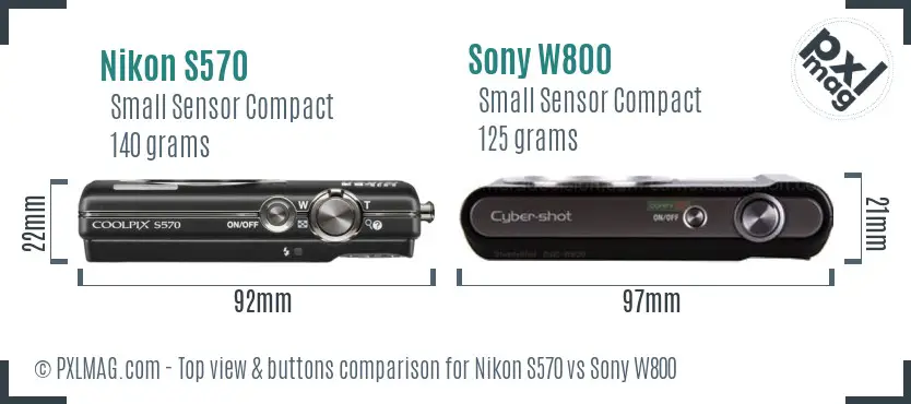 Nikon S570 vs Sony W800 top view buttons comparison