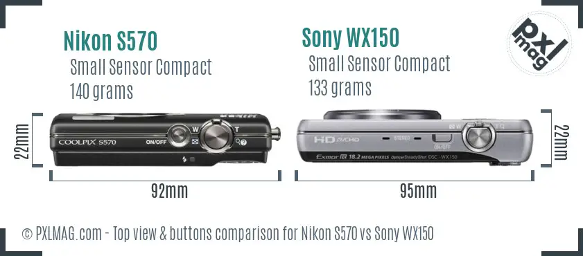 Nikon S570 vs Sony WX150 top view buttons comparison