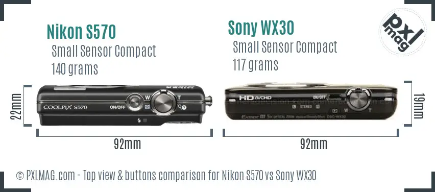 Nikon S570 vs Sony WX30 top view buttons comparison Nikon S570 vs Sony WX30 top view buttons comparison