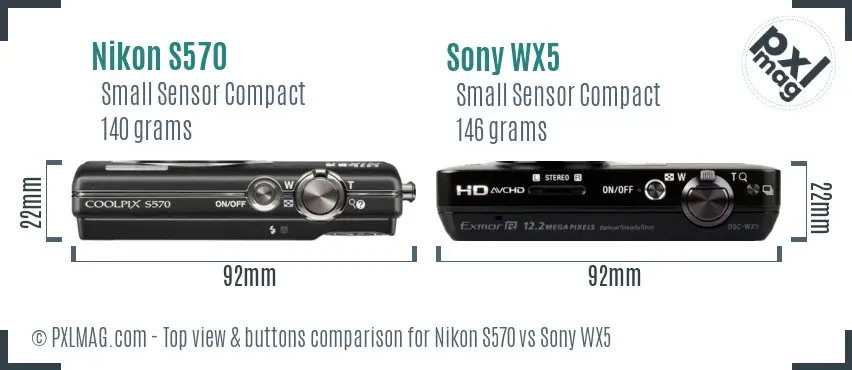 Nikon S570 vs Sony WX5 top view buttons comparison