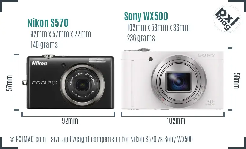 Nikon S570 vs Sony WX500 size comparison