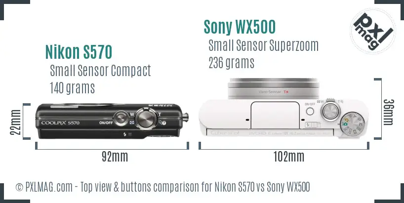 Nikon S570 vs Sony WX500 top view buttons comparison