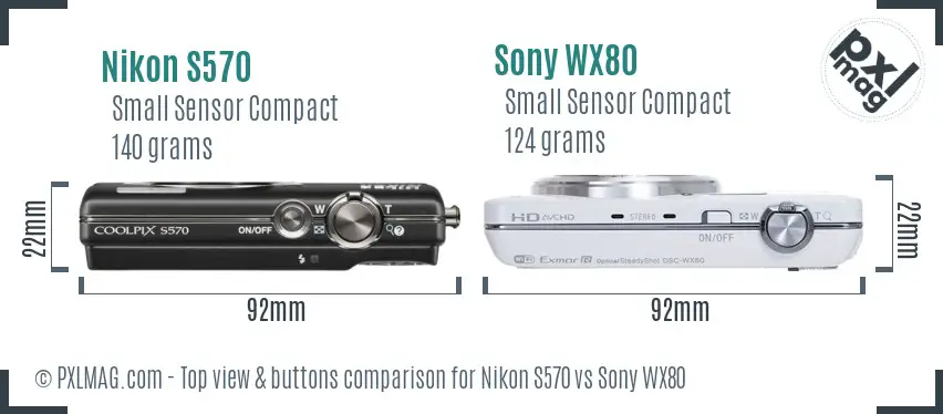 Nikon S570 vs Sony WX80 top view buttons comparison Nikon S570 vs Sony WX80 top view buttons comparison