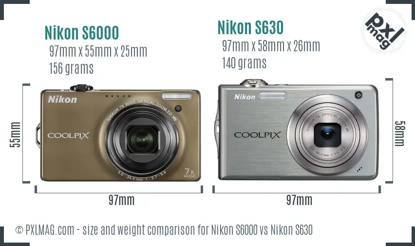 Nikon S6000 vs Nikon S630 size comparison