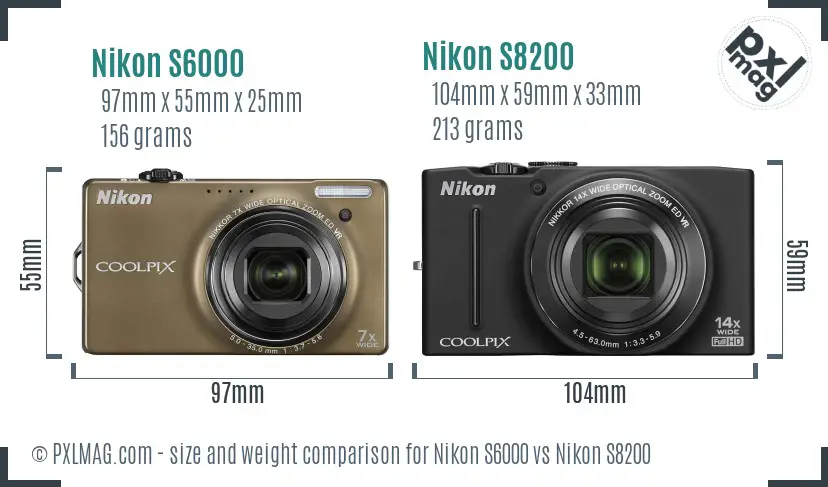 Nikon S6000 vs Nikon S8200 size comparison