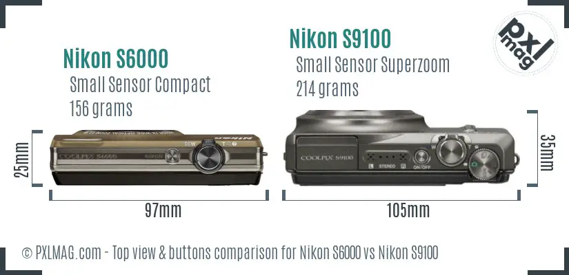Nikon S6000 vs Nikon S9100 top view buttons comparison