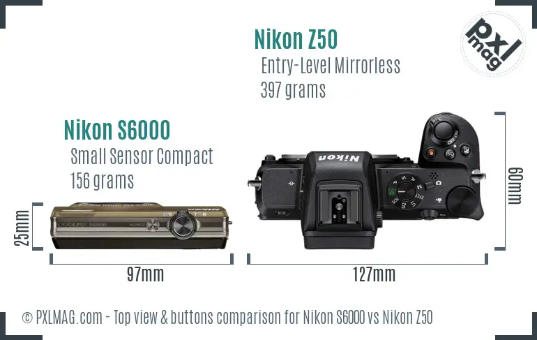 Nikon S6000 vs Nikon Z50 top view buttons comparison