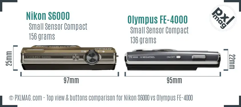 Nikon S6000 vs Olympus FE-4000 top view buttons comparison