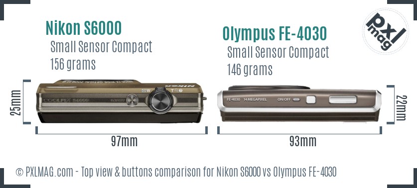 Nikon S6000 vs Olympus FE-4030 top view buttons comparison