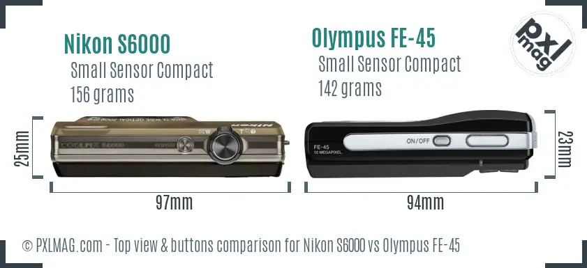 Nikon S6000 vs Olympus FE-45 top view buttons comparison