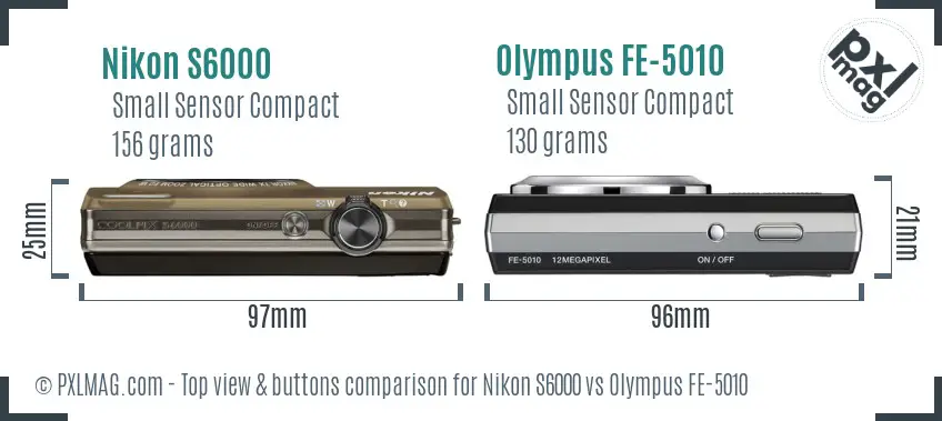 Nikon S6000 vs Olympus FE-5010 top view buttons comparison Nikon S6000 vs Olympus FE-5010 top view buttons comparison
