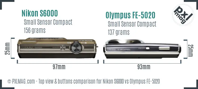 Nikon S6000 vs Olympus FE-5020 top view buttons comparison Nikon S6000 vs Olympus FE-5020 top view buttons comparison