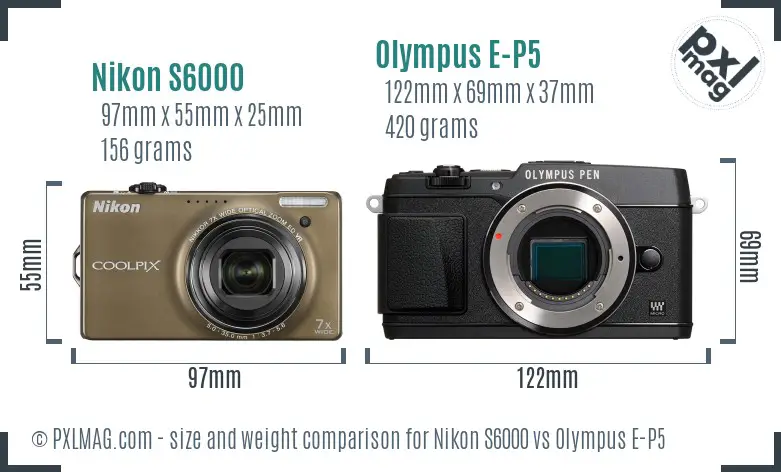 Nikon S6000 vs Olympus E-P5 size comparison