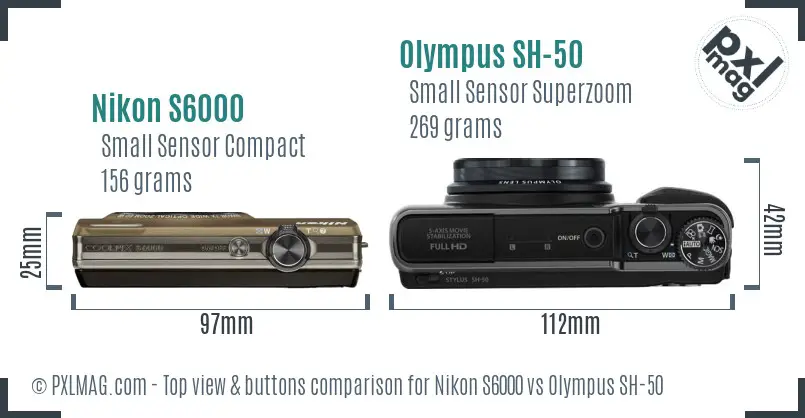 Nikon S6000 vs Olympus SH-50 top view buttons comparison