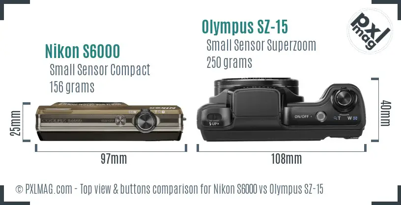 Nikon S6000 vs Olympus SZ-15 top view buttons comparison Nikon S6000 vs Olympus SZ-15 top view buttons comparison