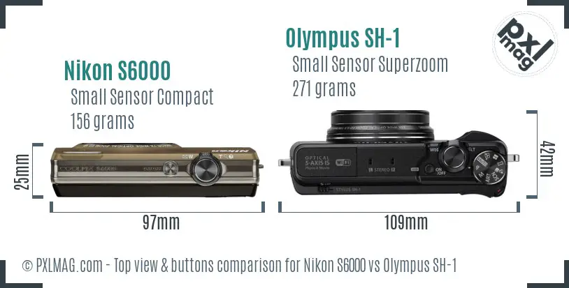 Nikon S6000 vs Olympus SH-1 top view buttons comparison Nikon S6000 vs Olympus SH-1 top view buttons comparison
