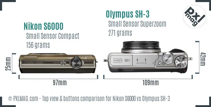 Nikon S6000 vs Olympus SH-3 top view buttons comparison