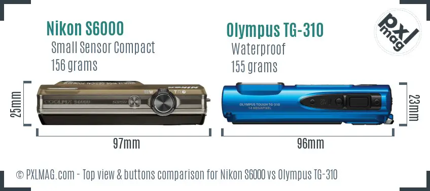 Nikon S6000 vs Olympus TG-310 top view buttons comparison Nikon S6000 vs Olympus TG-310 top view buttons comparison
