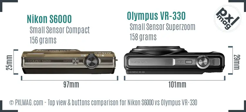 Nikon S6000 vs Olympus VR-330 top view buttons comparison Nikon S6000 vs Olympus VR-330 top view buttons comparison