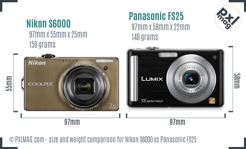Nikon S6000 vs Panasonic FS25 size comparison