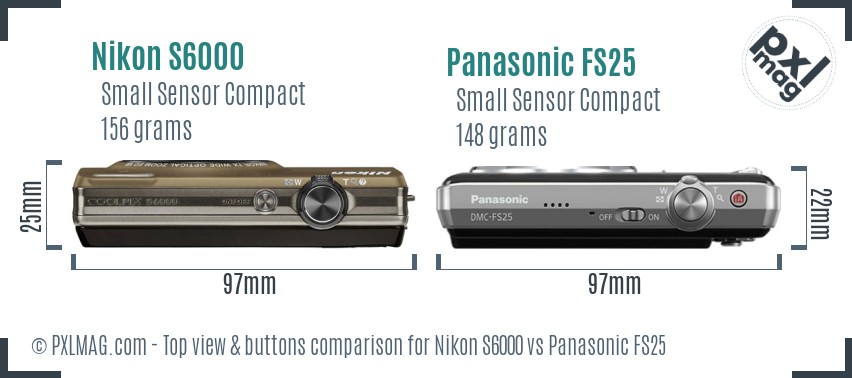 Nikon S6000 vs Panasonic FS25 top view buttons comparison