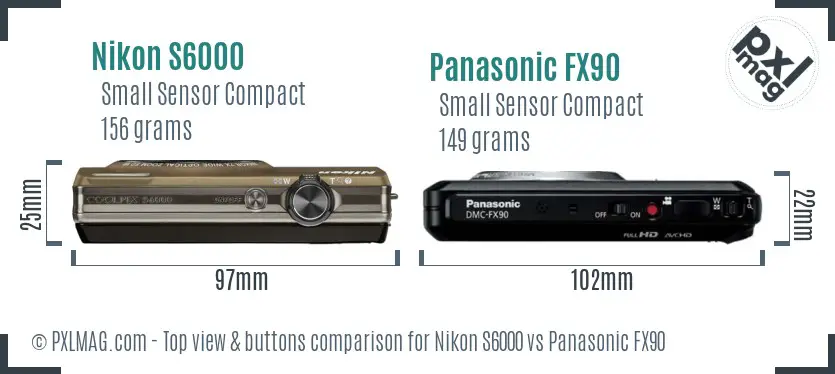Nikon S6000 vs Panasonic FX90 top view buttons comparison