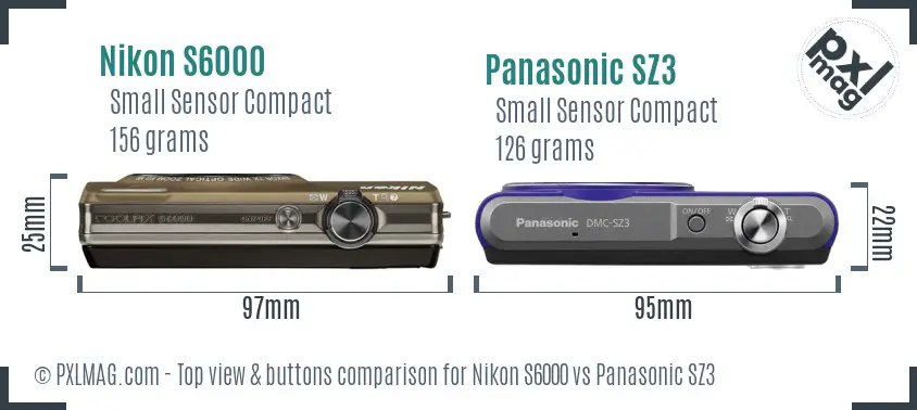 Nikon S6000 vs Panasonic SZ3 top view buttons comparison Nikon S6000 vs Panasonic SZ3 top view buttons comparison