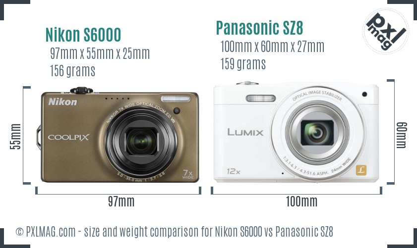 Nikon S6000 vs Panasonic SZ8 size comparison
