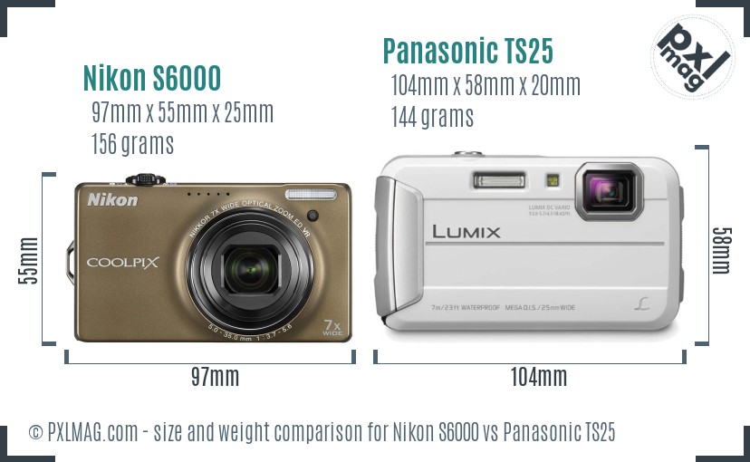 Nikon S6000 vs Panasonic TS25 size comparison