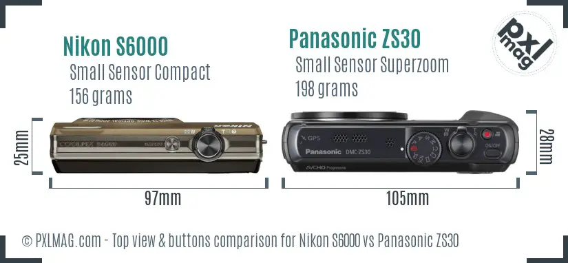 Nikon S6000 vs Panasonic ZS30 top view buttons comparison