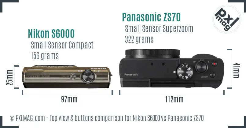 Nikon S6000 vs Panasonic ZS70 top view buttons comparison Nikon S6000 vs Panasonic ZS70 top view buttons comparison