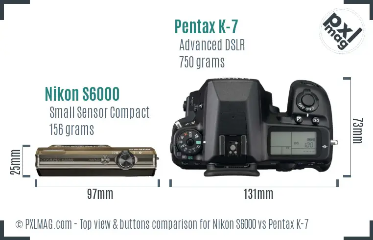 Nikon S6000 vs Pentax K-7 top view buttons comparison