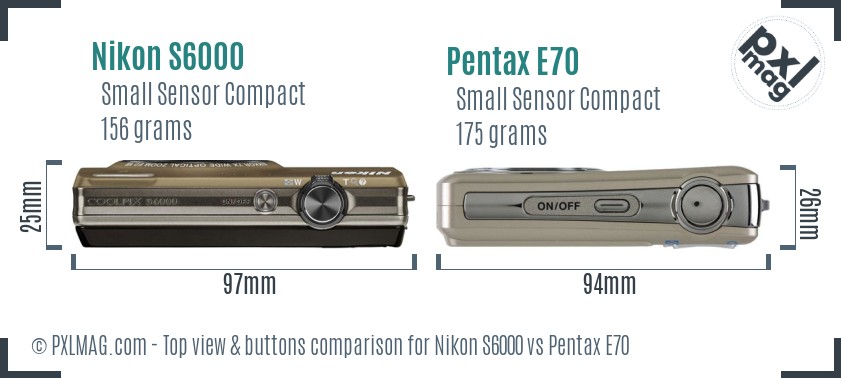 Nikon S6000 vs Pentax E70 top view buttons comparison