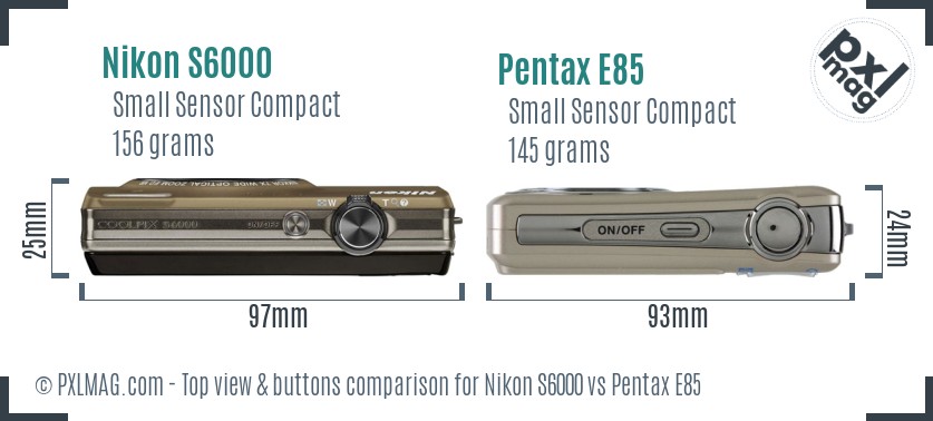 Nikon S6000 vs Pentax E85 top view buttons comparison
