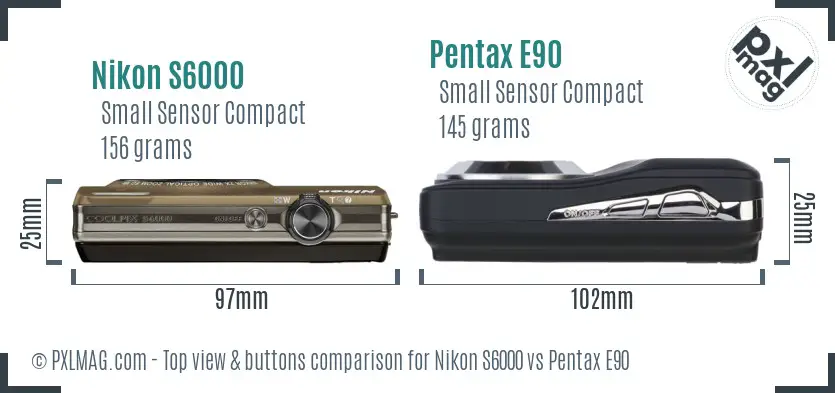 Nikon S6000 vs Pentax E90 top view buttons comparison Nikon S6000 vs Pentax E90 top view buttons comparison