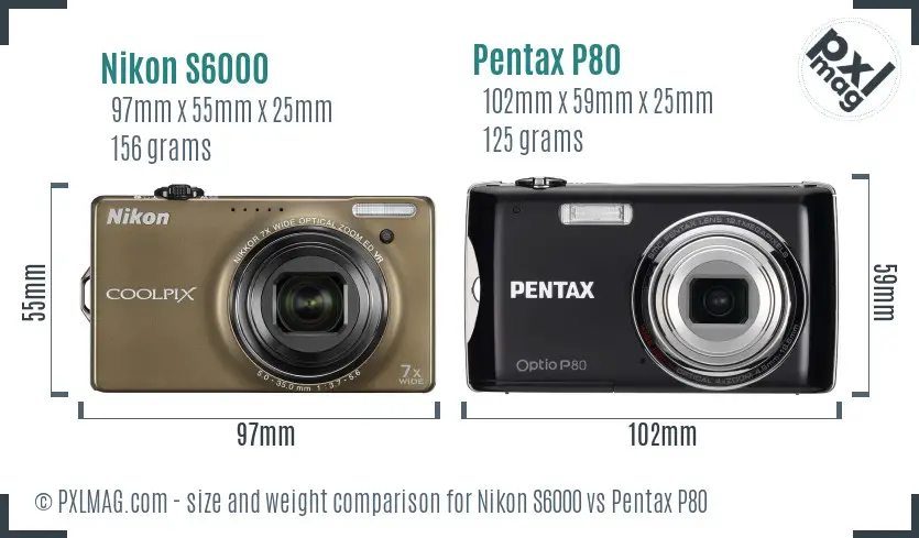 Nikon S6000 vs Pentax P80 size comparison