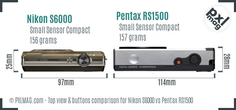 Nikon S6000 vs Pentax RS1500 top view buttons comparison Nikon S6000 vs Pentax RS1500 top view buttons comparison