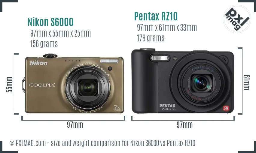 Nikon S6000 vs Pentax RZ10 size comparison Nikon S6000 vs Pentax RZ10 size comparison