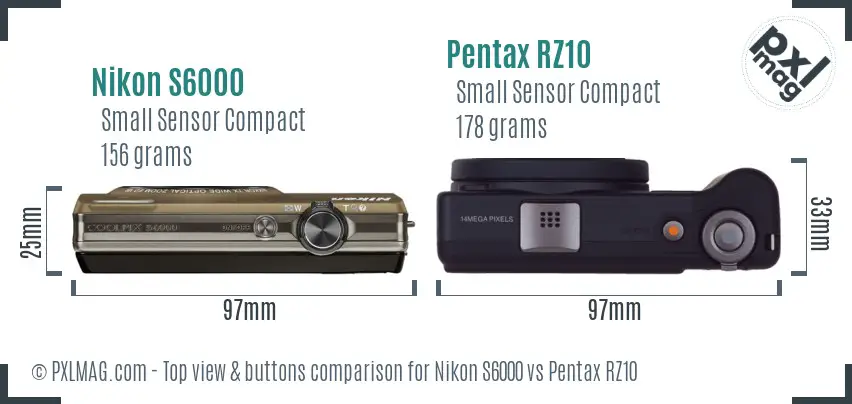 Nikon S6000 vs Pentax RZ10 top view buttons comparison Nikon S6000 vs Pentax RZ10 top view buttons comparison