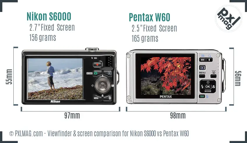 Nikon S6000 vs Pentax W60 Screen and Viewfinder comparison